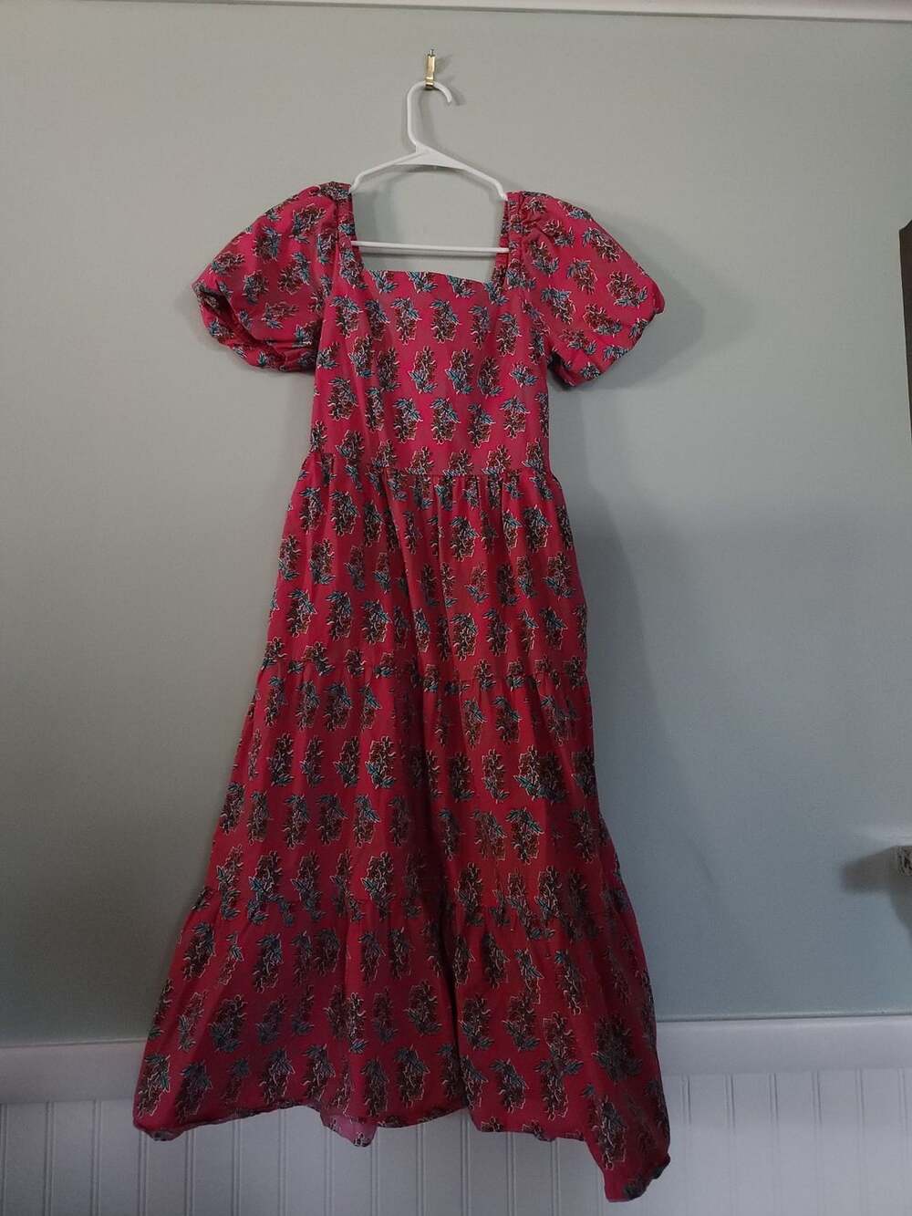 Cottagecore J.Crew Women's Pink Floral Puff Sleeve Tiered Midi Dress